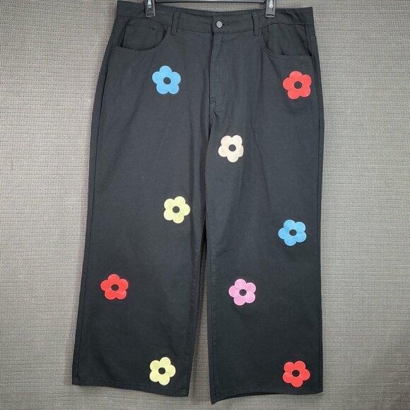 Cider Denim - Cider Women's Size 2XL Black Wide-Leg Pants Colorful Flower Print